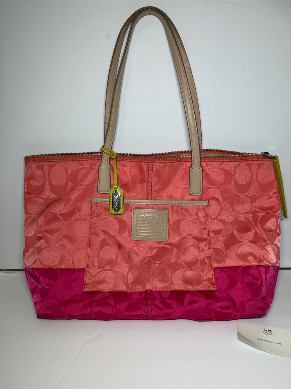 COACH Legacy Weekend Signature Colorblock Nylon Tote Bag Pink Coral #24865